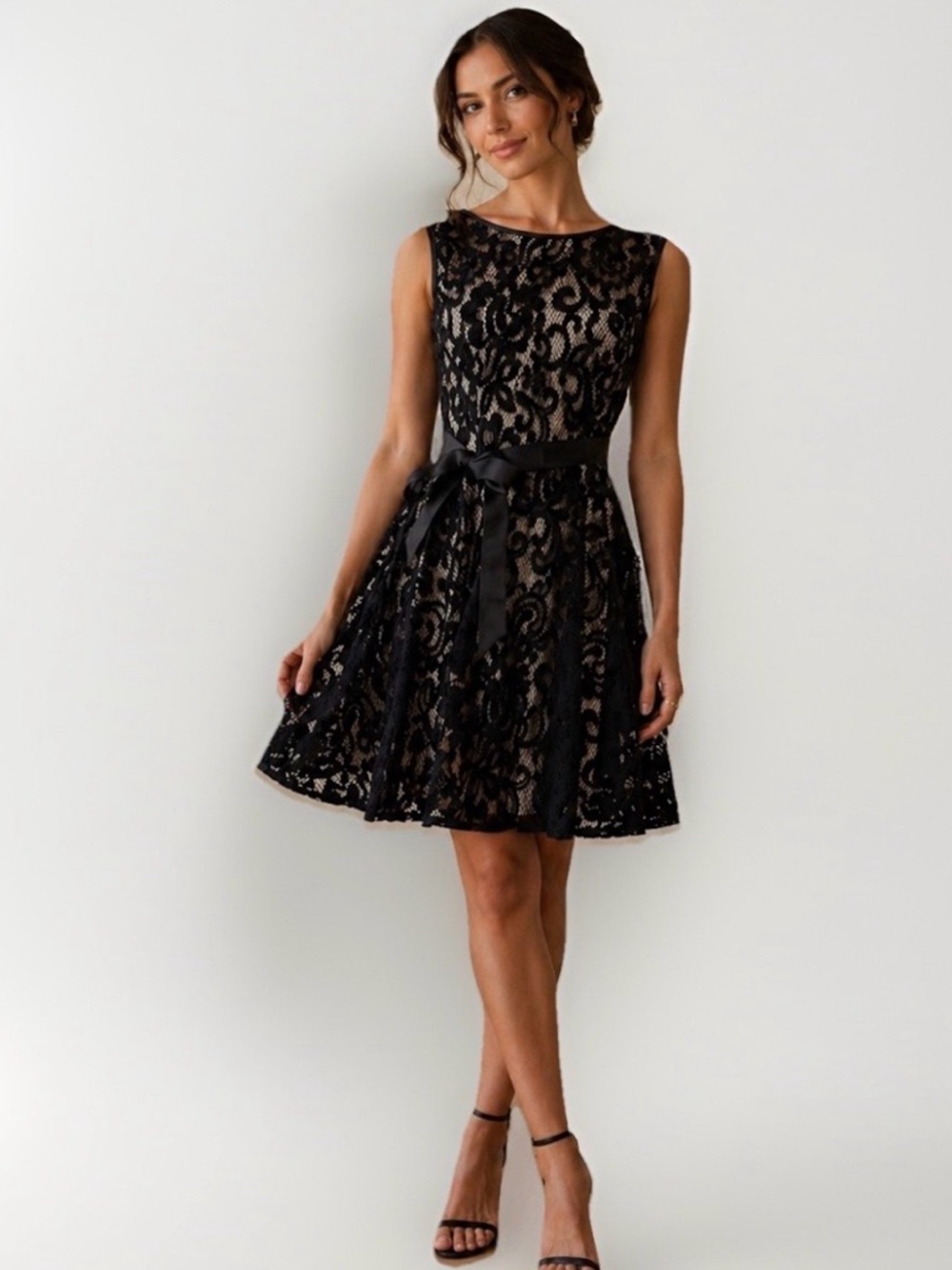 Betsy & Adam Black Lace Fit & Flare Cocktail Dress Belted 6 USA